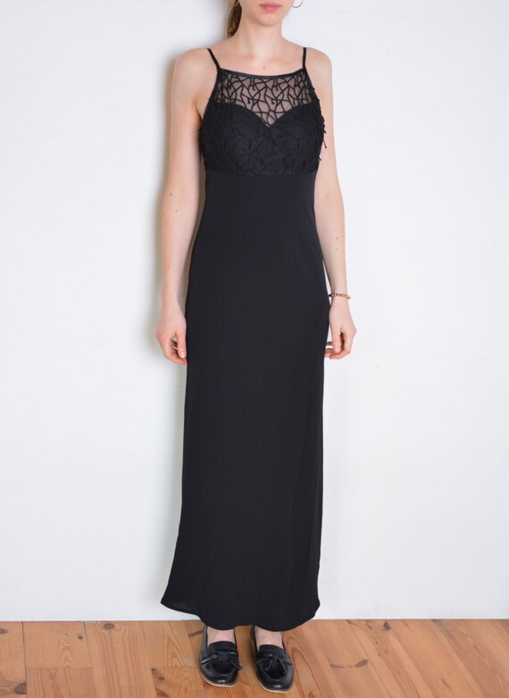 90 s Maxi Dress With Sheer Detail Evening Grunge Prom Dress Black Maxi Long Dress With Straps Embroidered Lace See Trough Etsy Canada