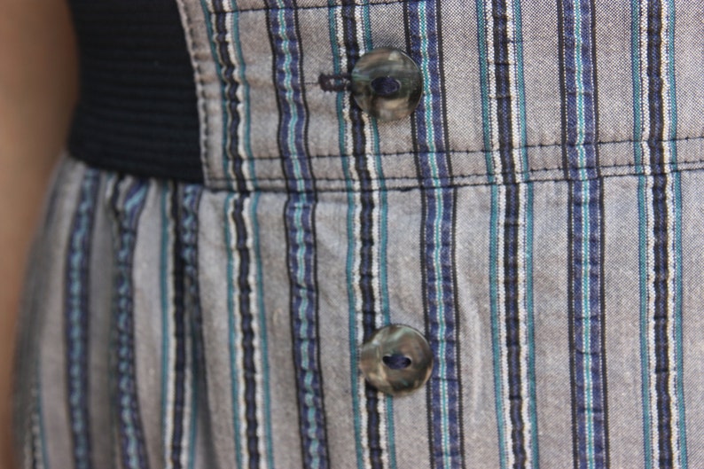 80/'s Country Casuals buttoned down striped midi skirt blue white and gray chambray long skirt
