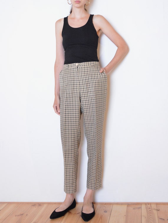 90's Plaid Trousers, Beige and Black Checked Pants, Creased Retro Vintage Pants, Medium Large - Etsy 90's Plaid Trousers, Beige and Black Checked Pants, Creased Retro Vintage Pants, Medium Large - Etsy