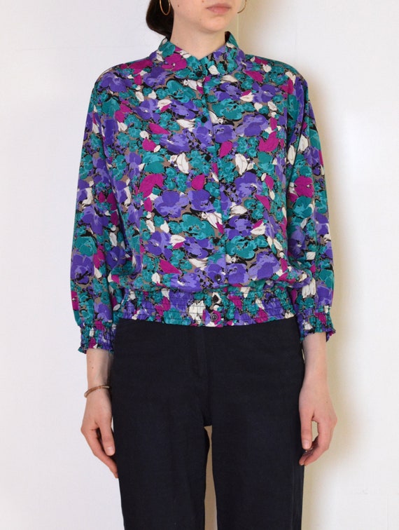 90's floral blouse, purple, turquoise violet, gra… - image 3