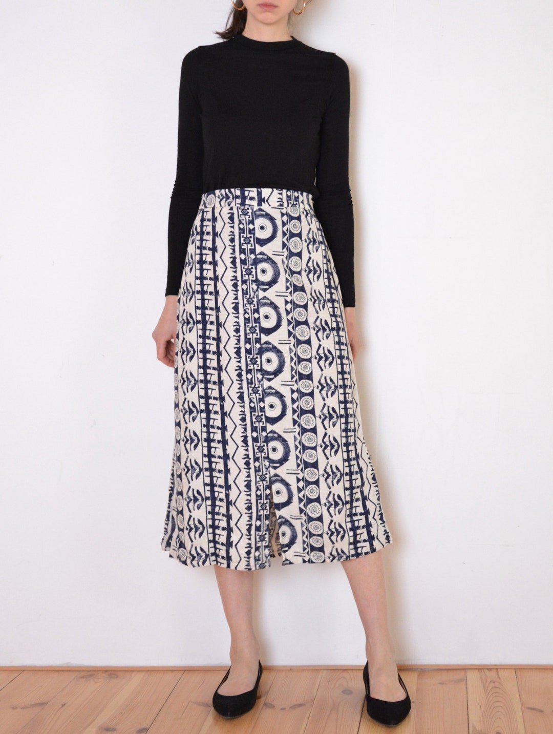 90's Ethnic Print Midi Skirt Navy Blue and Natural White - Etsy