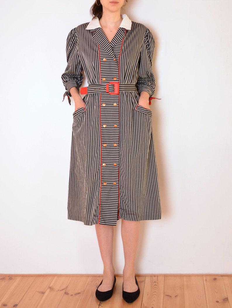 70's Swiss Striped Dress With Collar Retro Midi Dress - Etsy