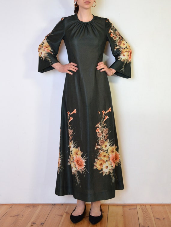 70's Floral Gown Dark Green Maxi Bohemian Dress With Bell - Etsy