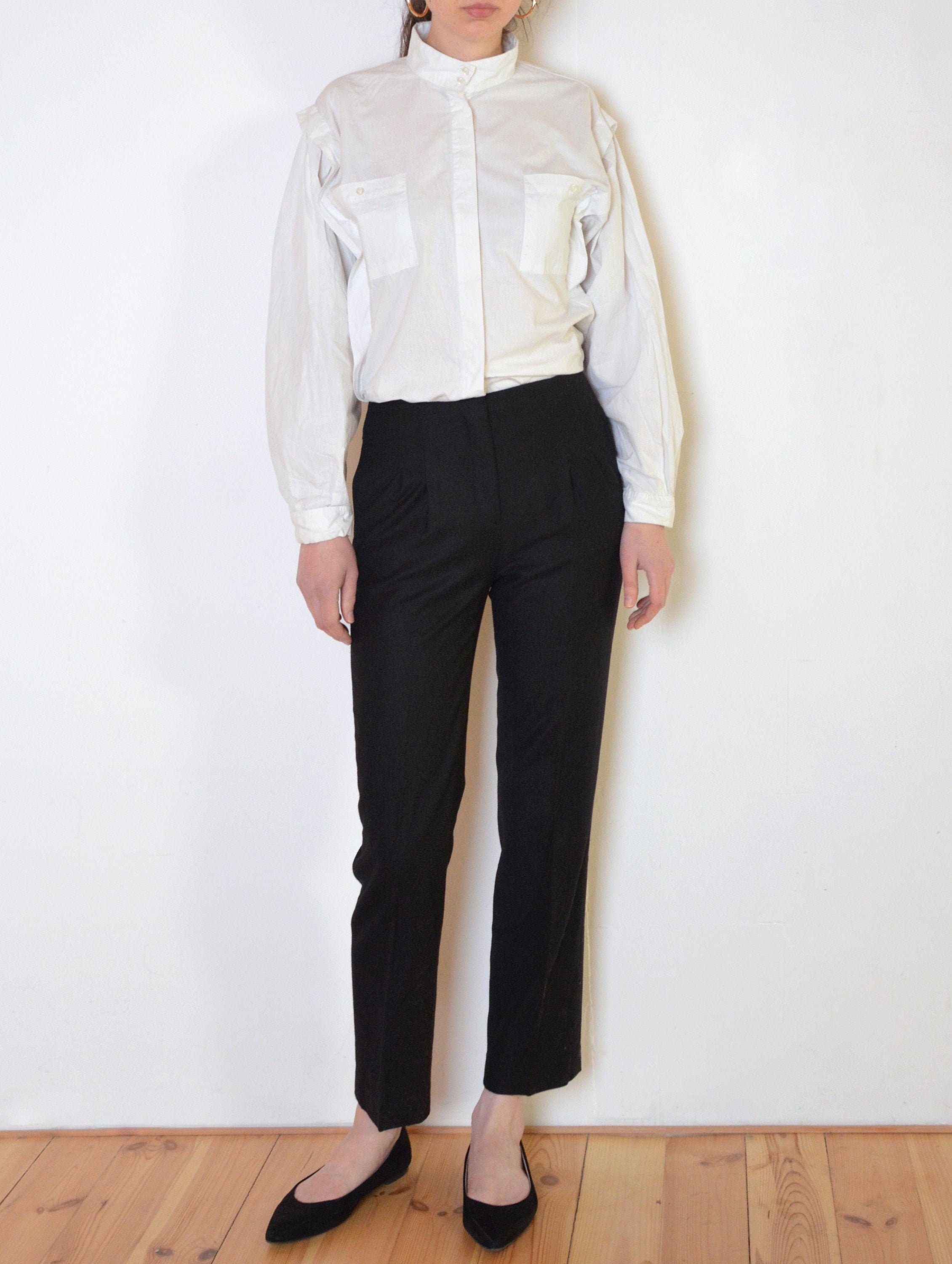 80's High Collar Blouse White Shirt 