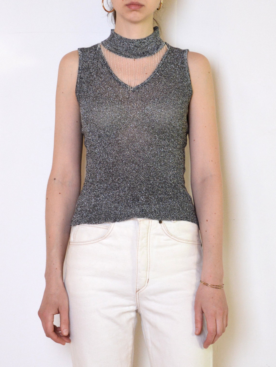 Plus Metallic Knit Blouse with Beaded Illusion Detail Bell Sleeves main image 1