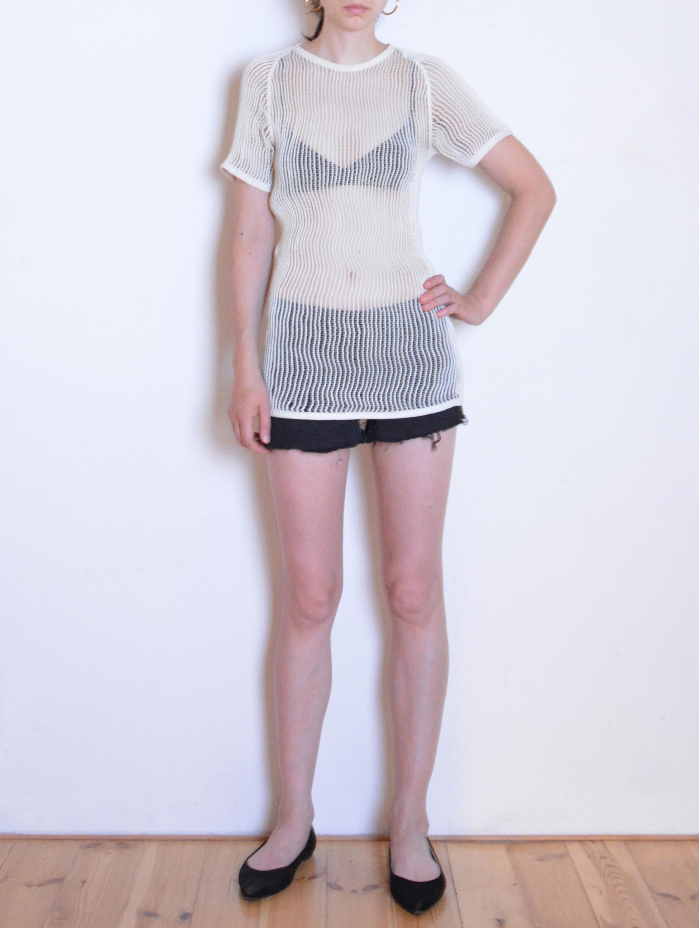 トップス 80s- White see-through shirt 80s Mesh Net T Shirt, Oversized off White Net Top