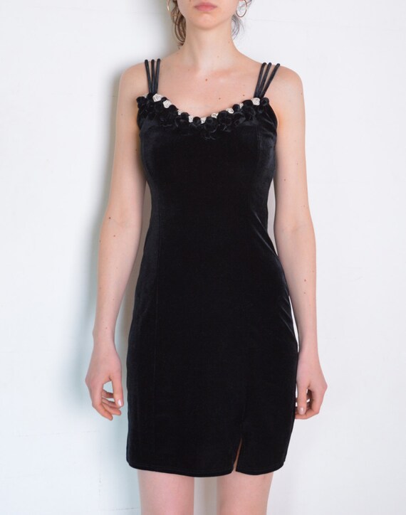 Little Black Spandex Bodycon Felicia Dress W//Strappy Shoulders /& Embroidery