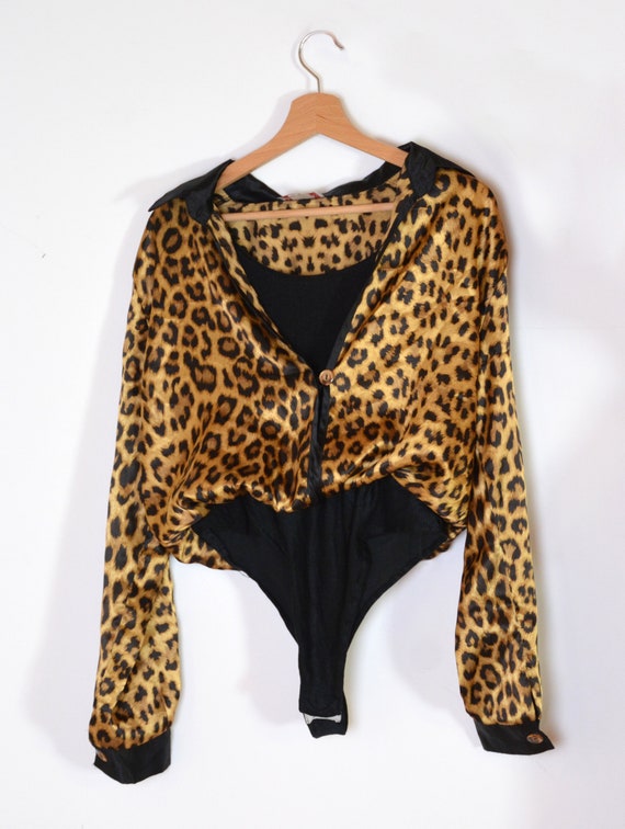 80's satin shirt bodysuit with animal print, blac… - image 6