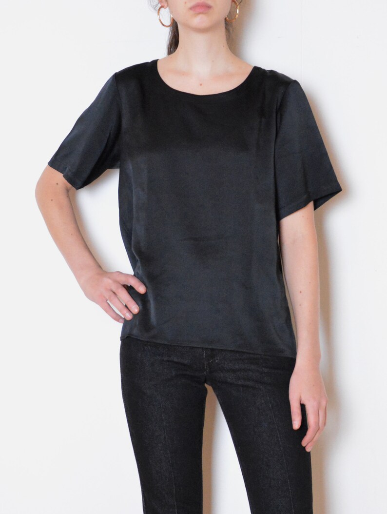 90's Yves Saint Laurent top, black satin t shirt, vintage YSL Paris French designer blouse, wool silky minimalist medium large image 5