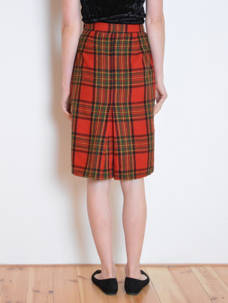 midi red plaid skirt checked knee length skirt red 80/'s tartan skirt with pleat detail green black yellow skirt navy