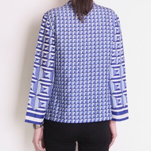 70's Nina Ricci op-art blouse, French designer blouse, geometric print, blue, pajama blazer style, navy white and black scarf print shirt image 4