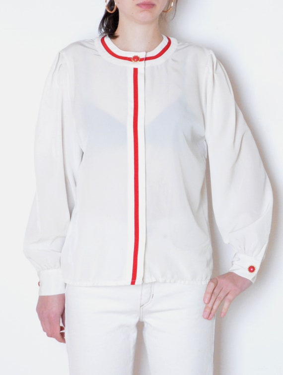 90's French white blouse with red details retro v… - image 2