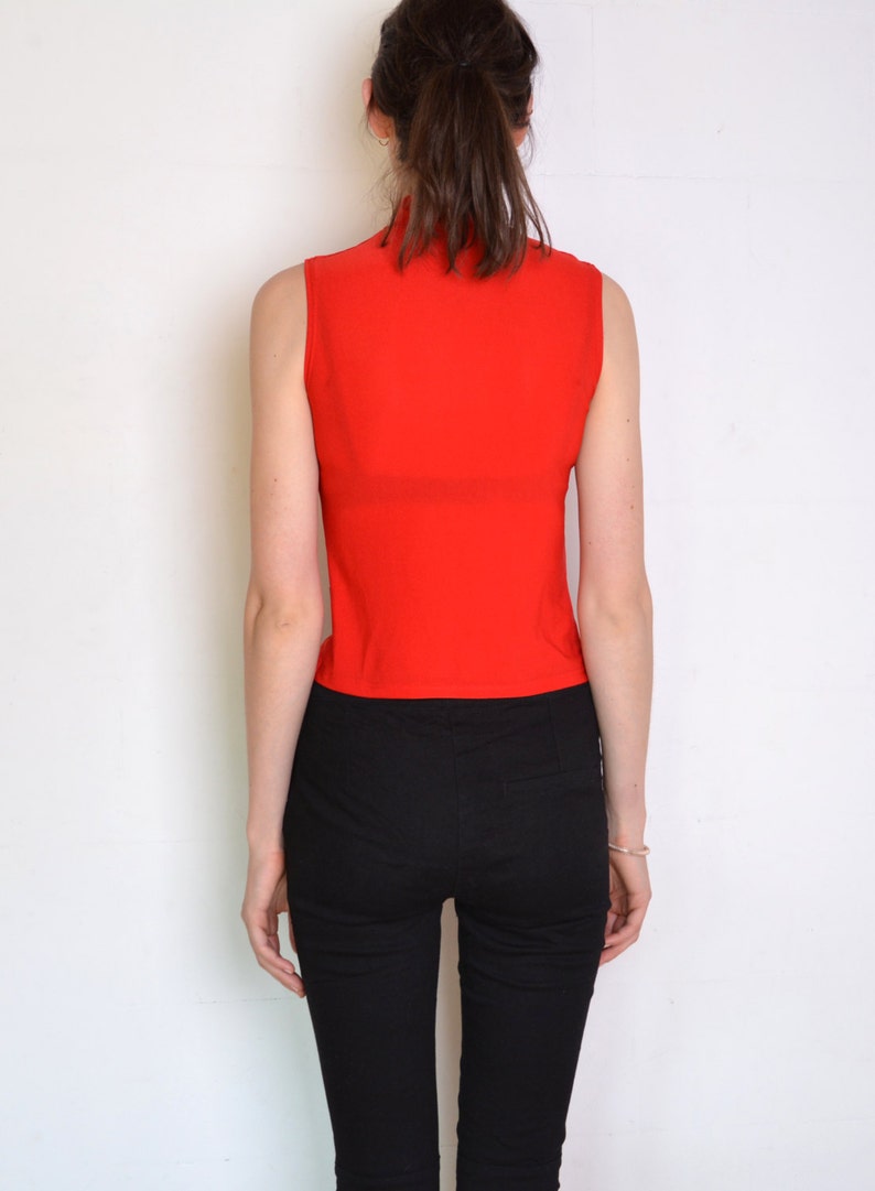 bright red blouse club kid 90/'s red sleeveless mock neck blouse grunge mod blouse