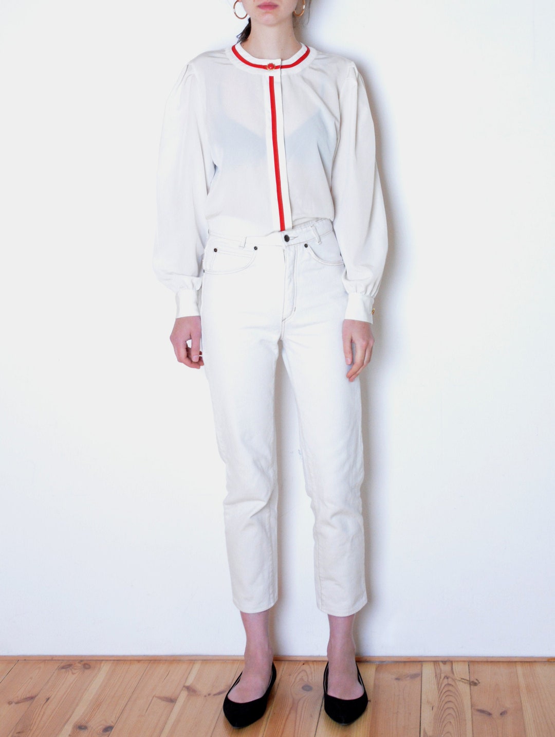 90's French White Blouse With Red Details Retro Vintage Parisian Chic ...