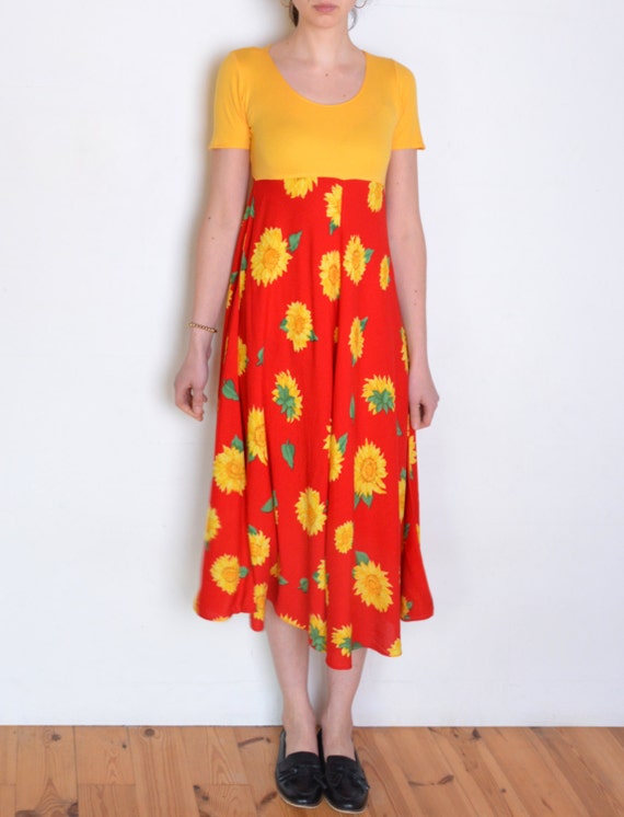 90's sunflower dress, yellow and red colorblock ma