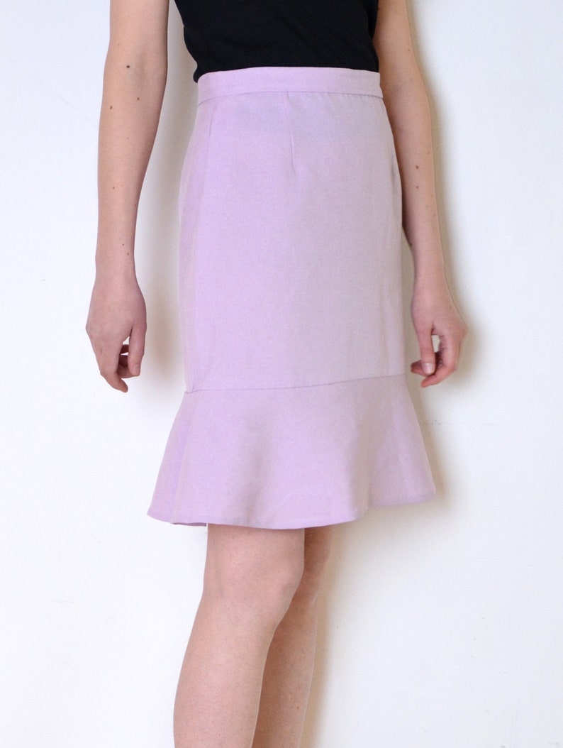 90's pastel violet pink skirt with frill, ruffle trim high waisted pencil skirt, retro vintage small medium image 4