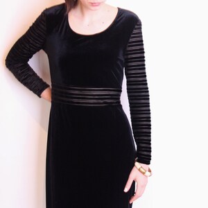 90's velvet sheer stripes maxi dress, black velvet long dress, black minimalist, slit, grunge dress, evening bodycon dress image 3