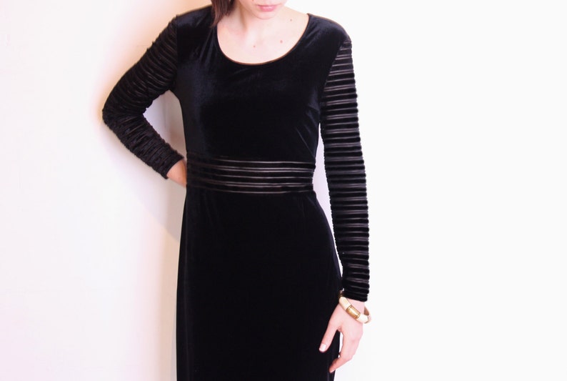 90's velvet sheer stripes maxi dress, black velvet long dress, black minimalist, slit, grunge dress, evening bodycon dress image 3