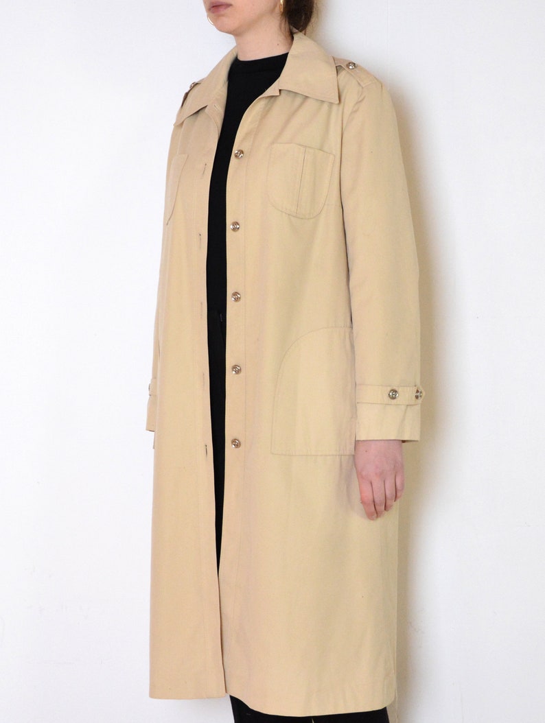 70's beige coat, classic knee length coat, retro old fashioned mac midi coat size medium large image 2