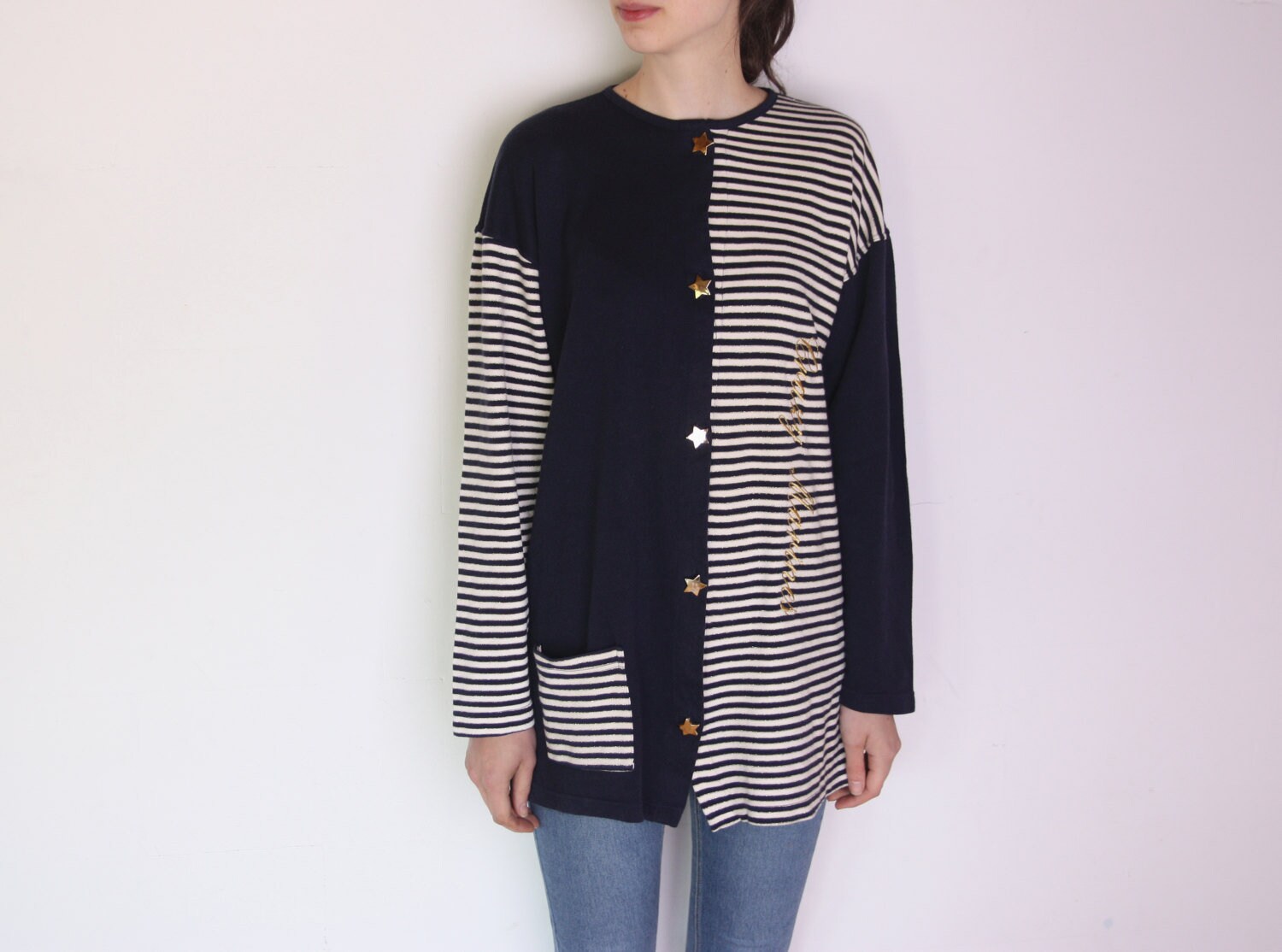 90's Star Buttons Striped Cardigan, Navy Blue, White and