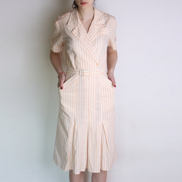 50's style pin up dress, yellow and white stripes, diner uniform style