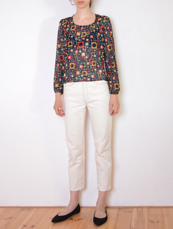 70's geometric mesh blouse, sheer black, white, ye