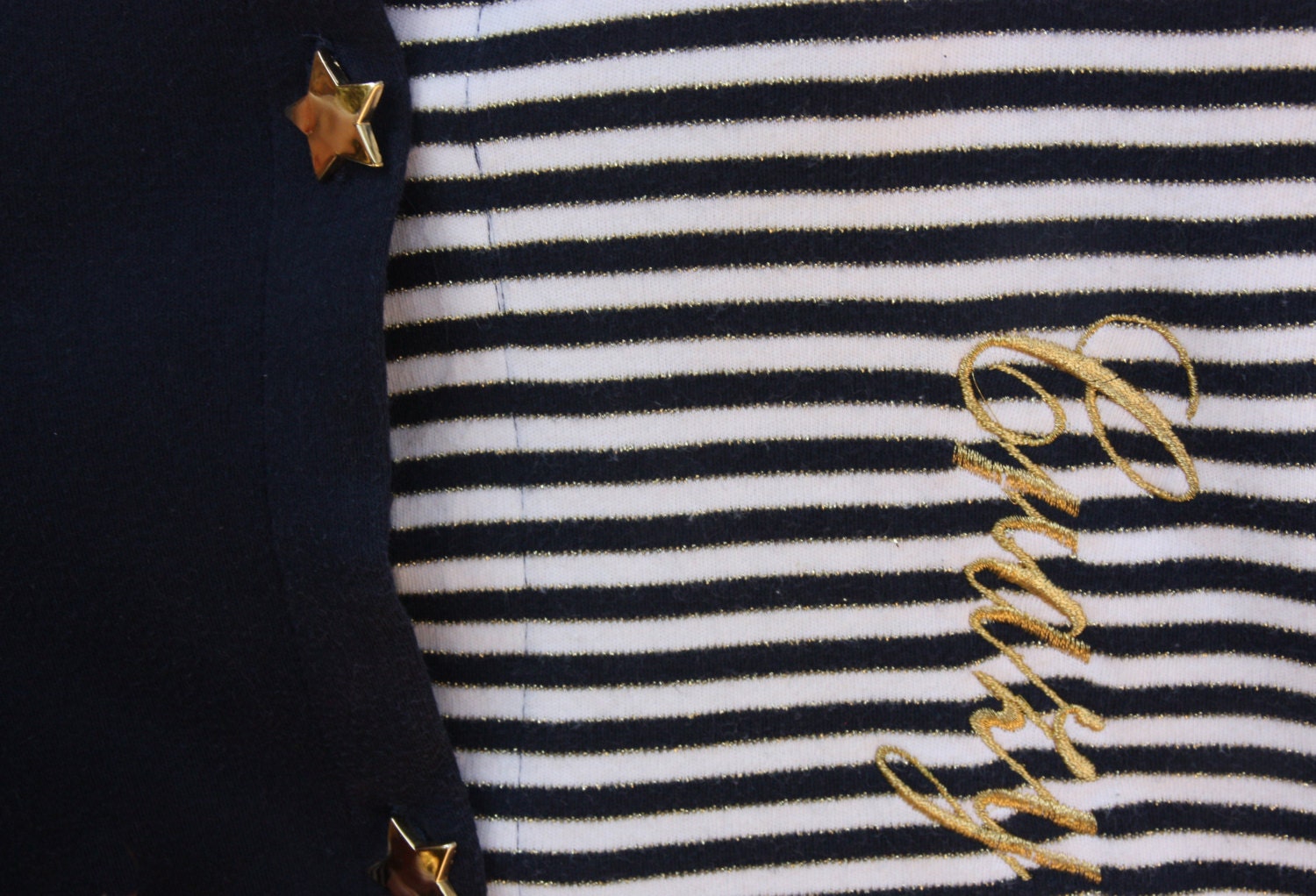 90's Star Buttons Striped Cardigan, Navy Blue, White and