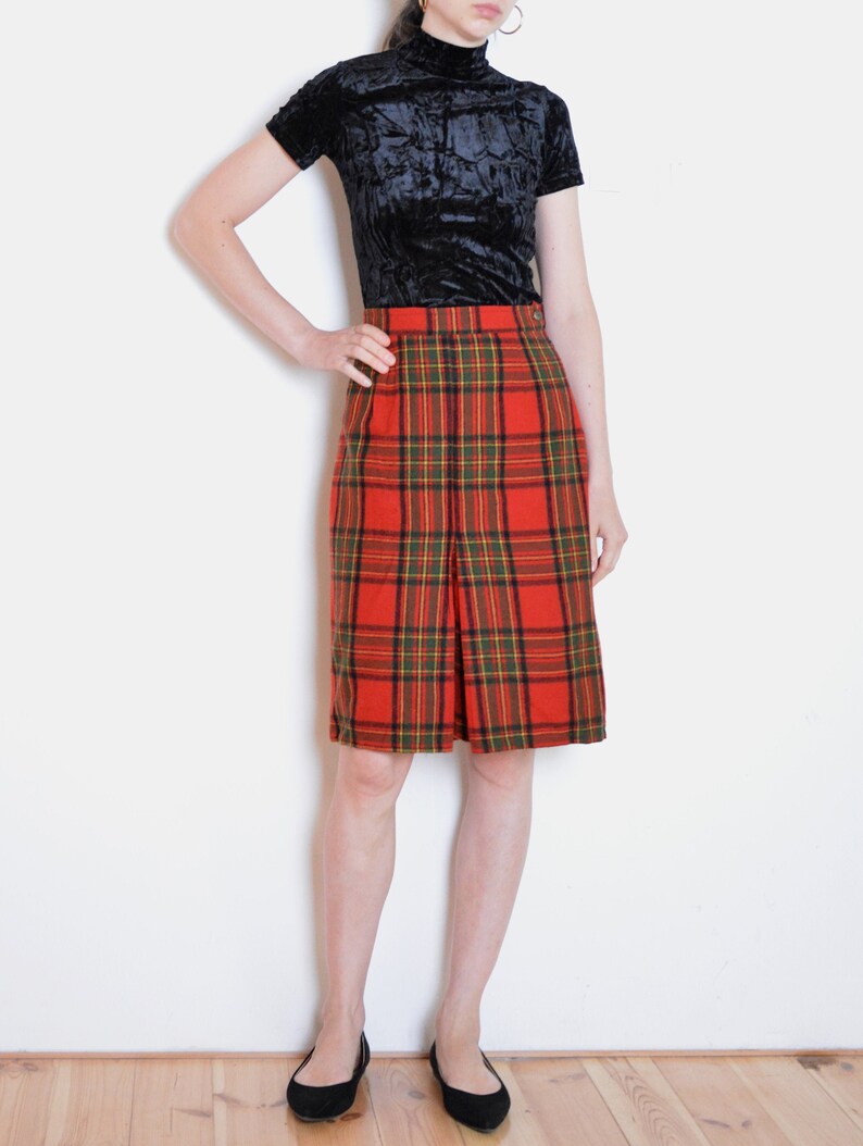 midi red plaid skirt checked knee length skirt red 80/'s tartan skirt with pleat detail green black yellow skirt navy