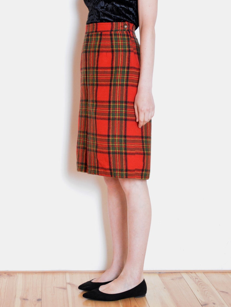 midi red plaid skirt checked knee length skirt red 80/'s tartan skirt with pleat detail green black yellow skirt navy