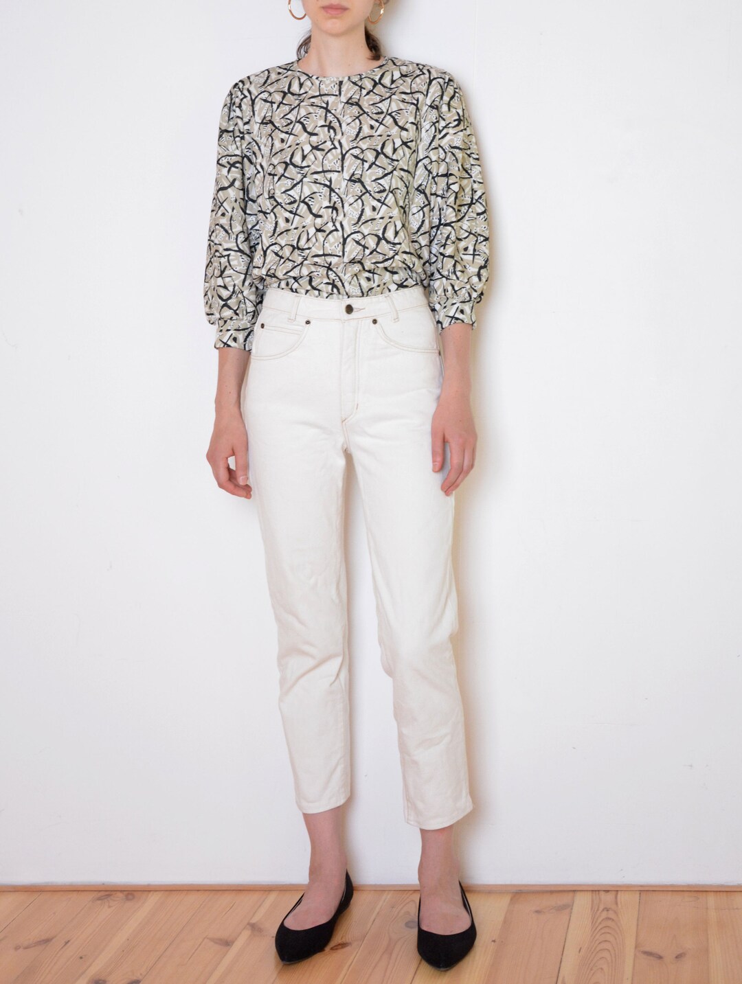 70's Zig Zag Print Blouse, Gray, Black and White Abstract Print Blouse