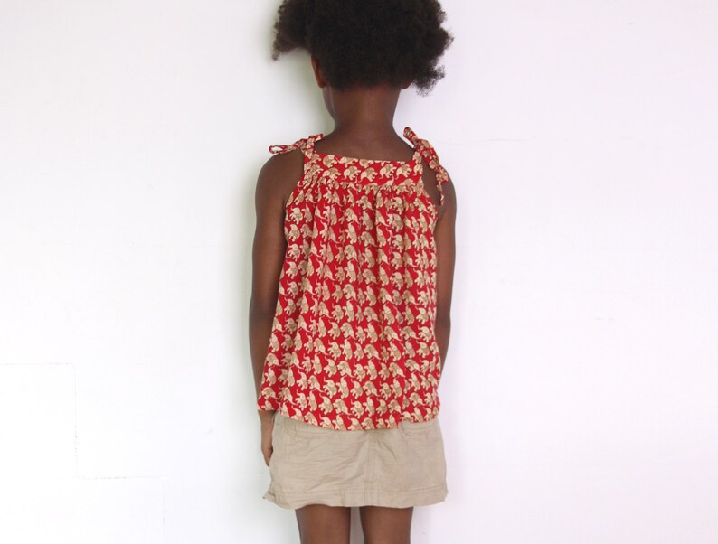 90's Indian elephant print girls blouse, strappy top for children, red and gold oriental pattern, scarf print, hippie summer top image 3