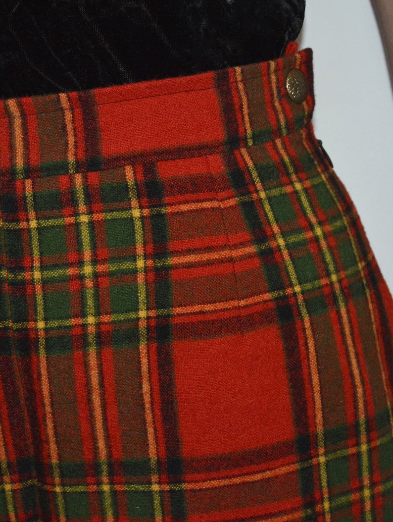midi red plaid skirt checked knee length skirt red 80/'s tartan skirt with pleat detail green black yellow skirt navy