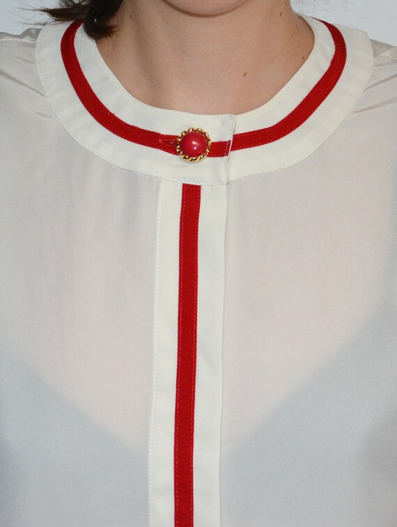 90's French white blouse with red details retro v… - image 6