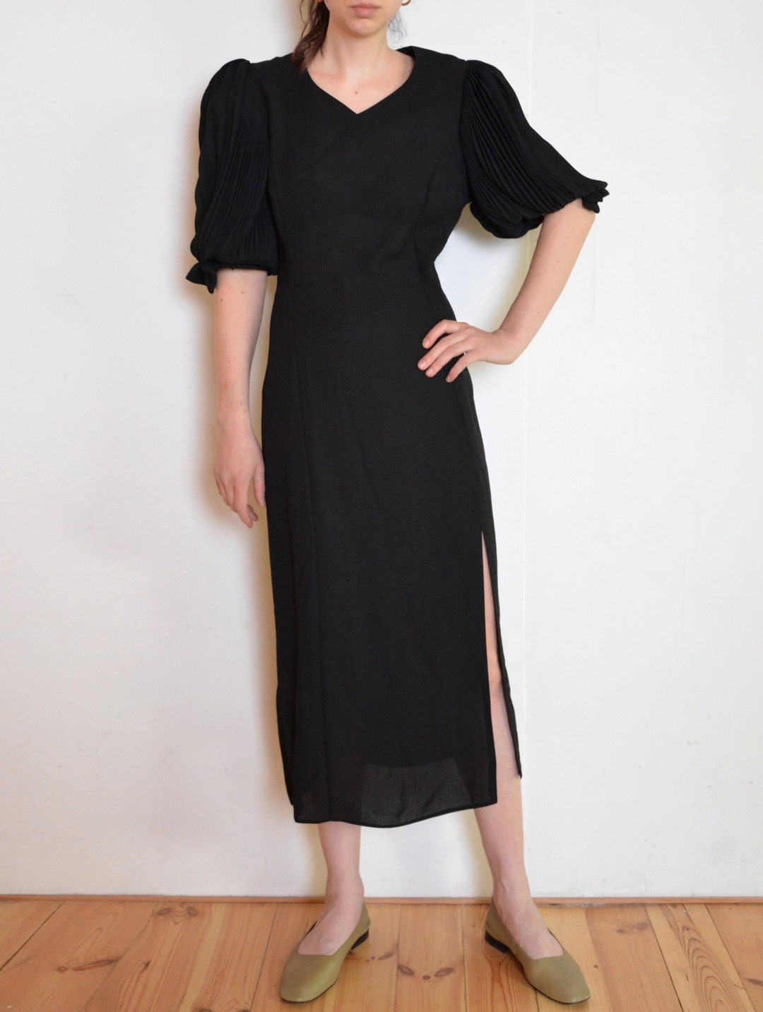 90's Pleated Sleeves Dress Black Long Dress With Slit - Etsy