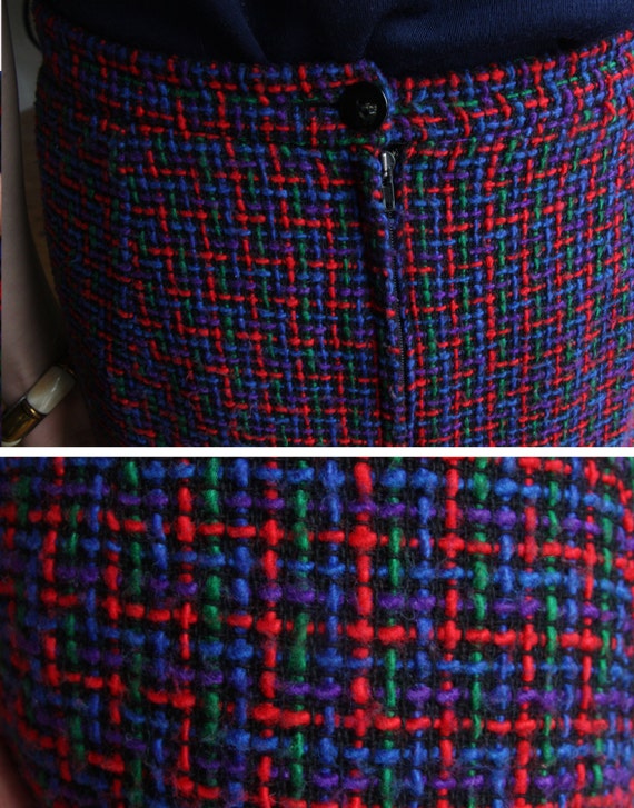 80's tweed skirt, plaid green blue red purple bla… - image 3