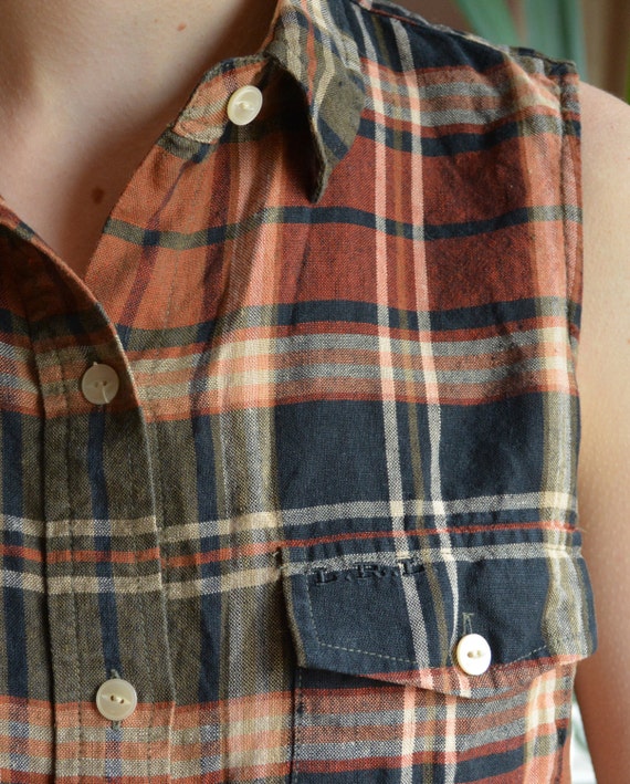 90's Ralph Lauren flax blouse, check plaid sleeve… - image 2