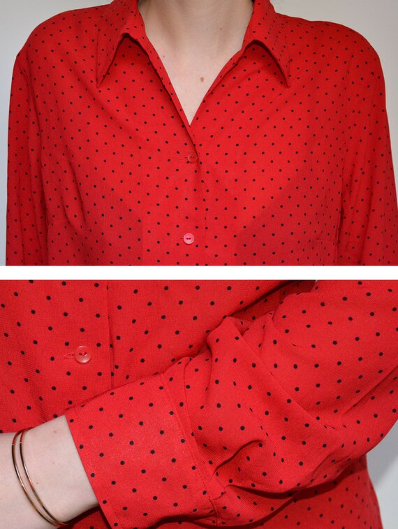 red and black polka dot blouse