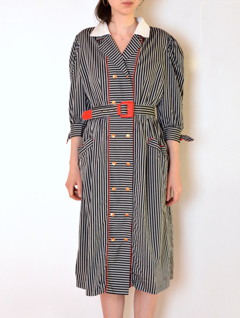 70's Swiss Striped Dress With Collar Retro Midi Dress | Etsy