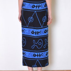 90's wrap skirt, fish print black and blue, seaside, psychedelic, rave, beach vintage midi maxi skirt image 4