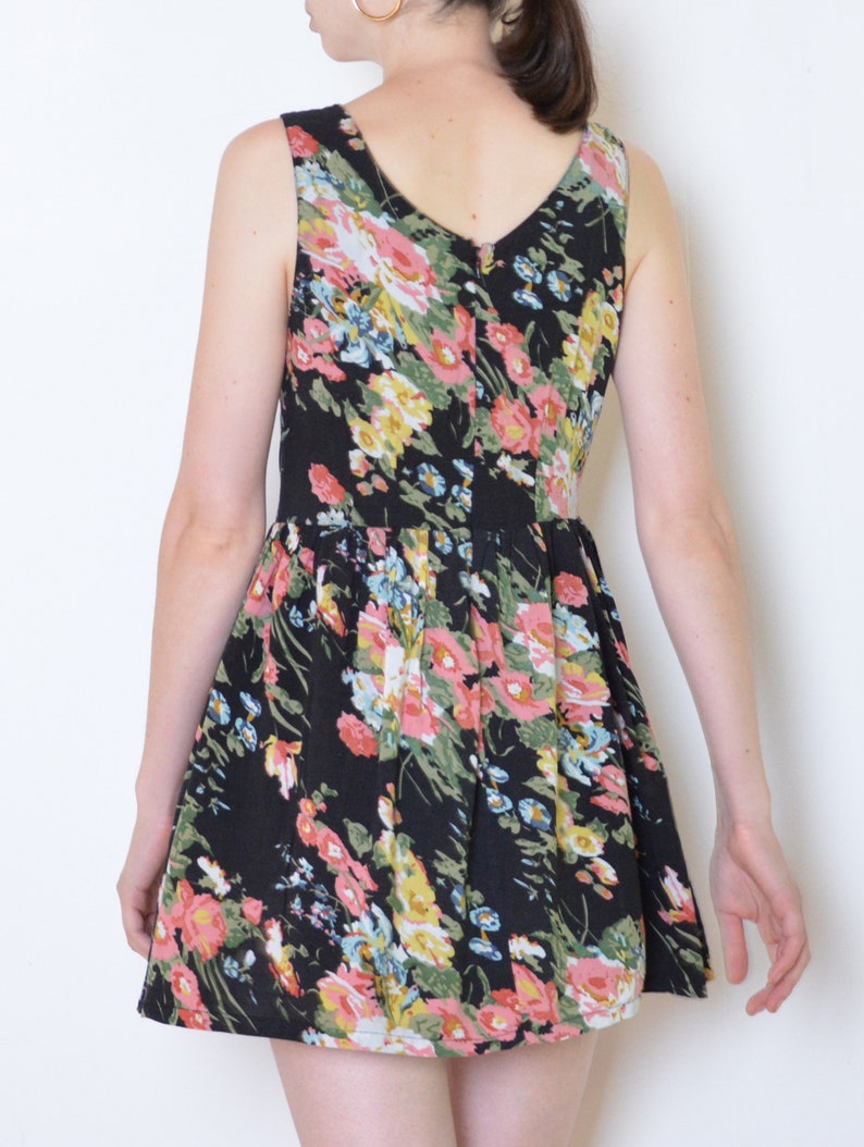 90's floral mini dress, sleeveless black flowers print summer dress, flared a line mini festival dress size medium or large image 3