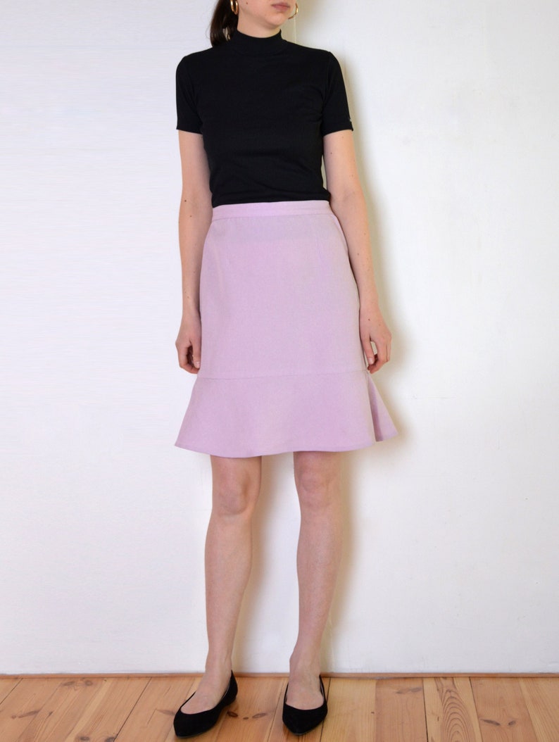 90's pastel violet pink skirt with frill, ruffle trim high waisted pencil skirt, retro vintage small medium image 1