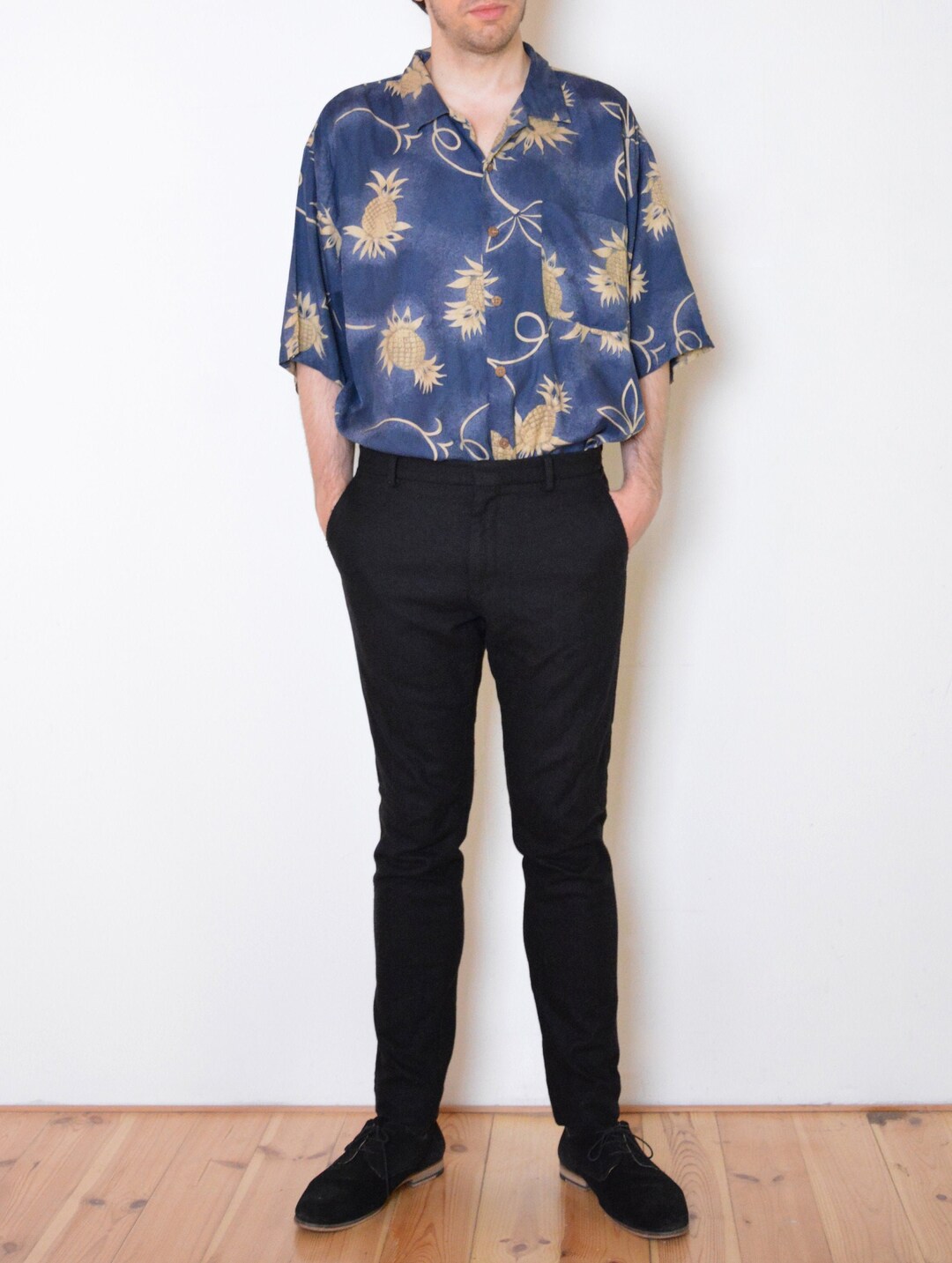 【KOSUKE 】 Bahama SILK shirts 90s 1990's Vintage Tommy Bahama Silk Hawaiian S/S Shirt Navy