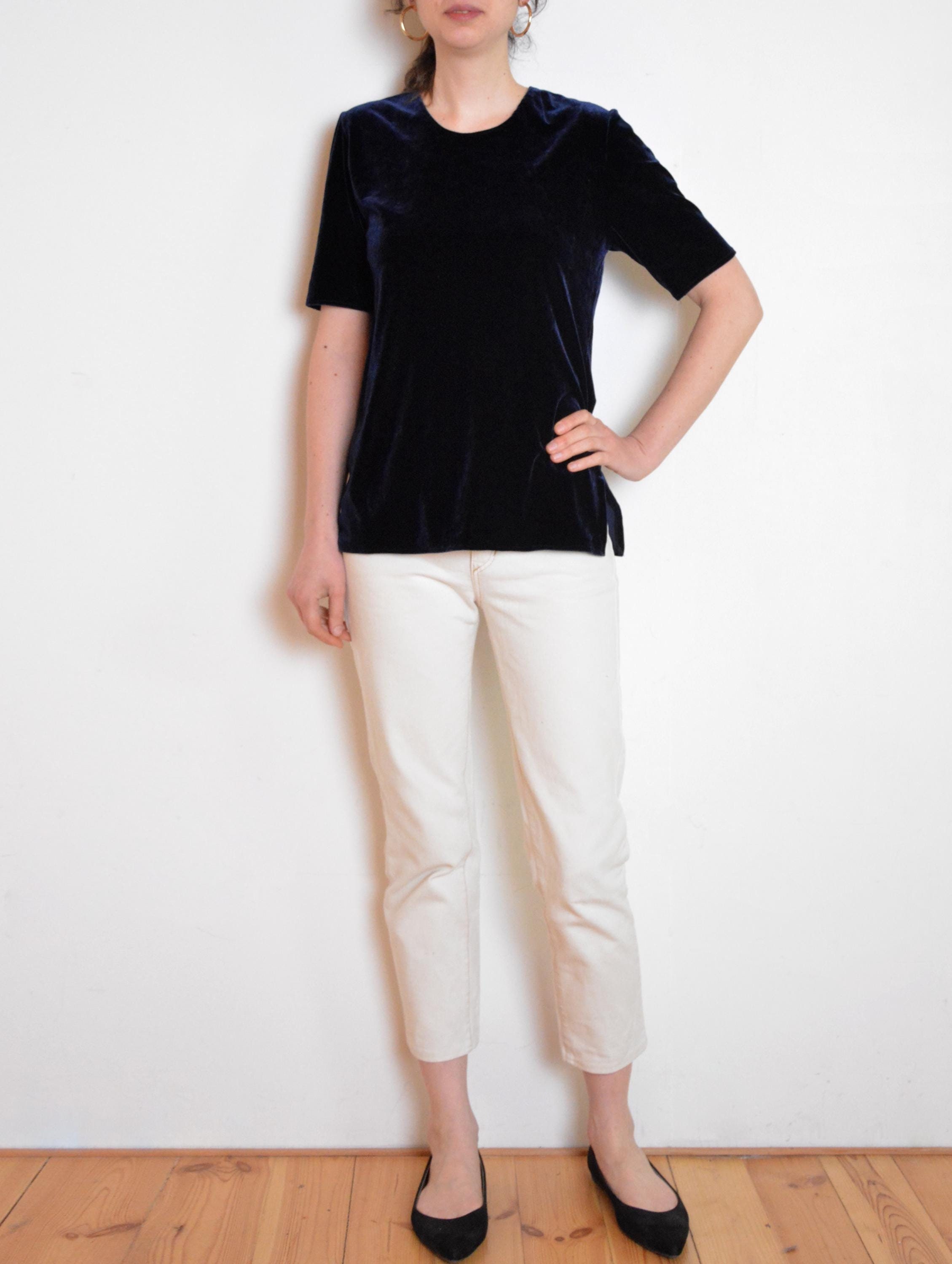 90s Navy Blue Velvet T Shirt, Velvet Blouse, Grunge 90s Navy Blue Velvet T Shirt, Velvet Blouse, Grunge
