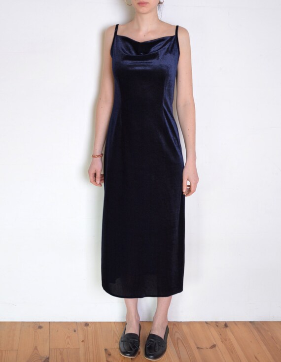 90's draped neckline navy velvet midi dress, dark blue black velvet long dress, maxi minimalist slit grunge, strappy, evening bodycon dress 90's draped neckline navy velvet midi dress, dark blue black velvet long dress, maxi minimalist slit grunge, strappy, evening bodycon dress