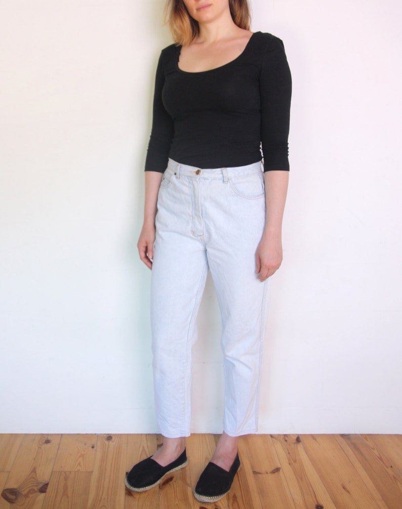 90's French mom jeans, light blue denim high waisted pants, white blue denim size medium or large, grunge denim trousers image 1