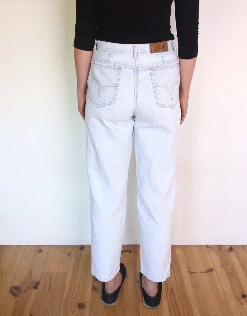 90's French mom jeans, light blue denim high waisted pants, white blue denim size medium or large, grunge denim trousers image 3