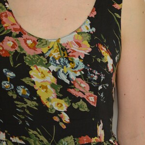 90's floral mini dress, sleeveless black flowers print summer dress, flared a line mini festival dress size medium or large image 7
