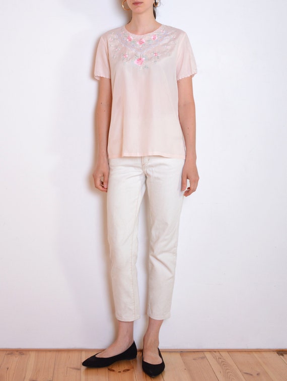 80's hand embroidered Chinese blouse, pastel pink