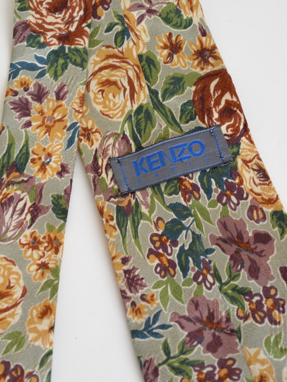 90's  Kenzo Paris silk tie, floral green, beige, … - image 3