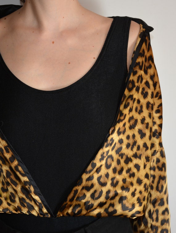 80's satin shirt bodysuit with animal print, blac… - image 9